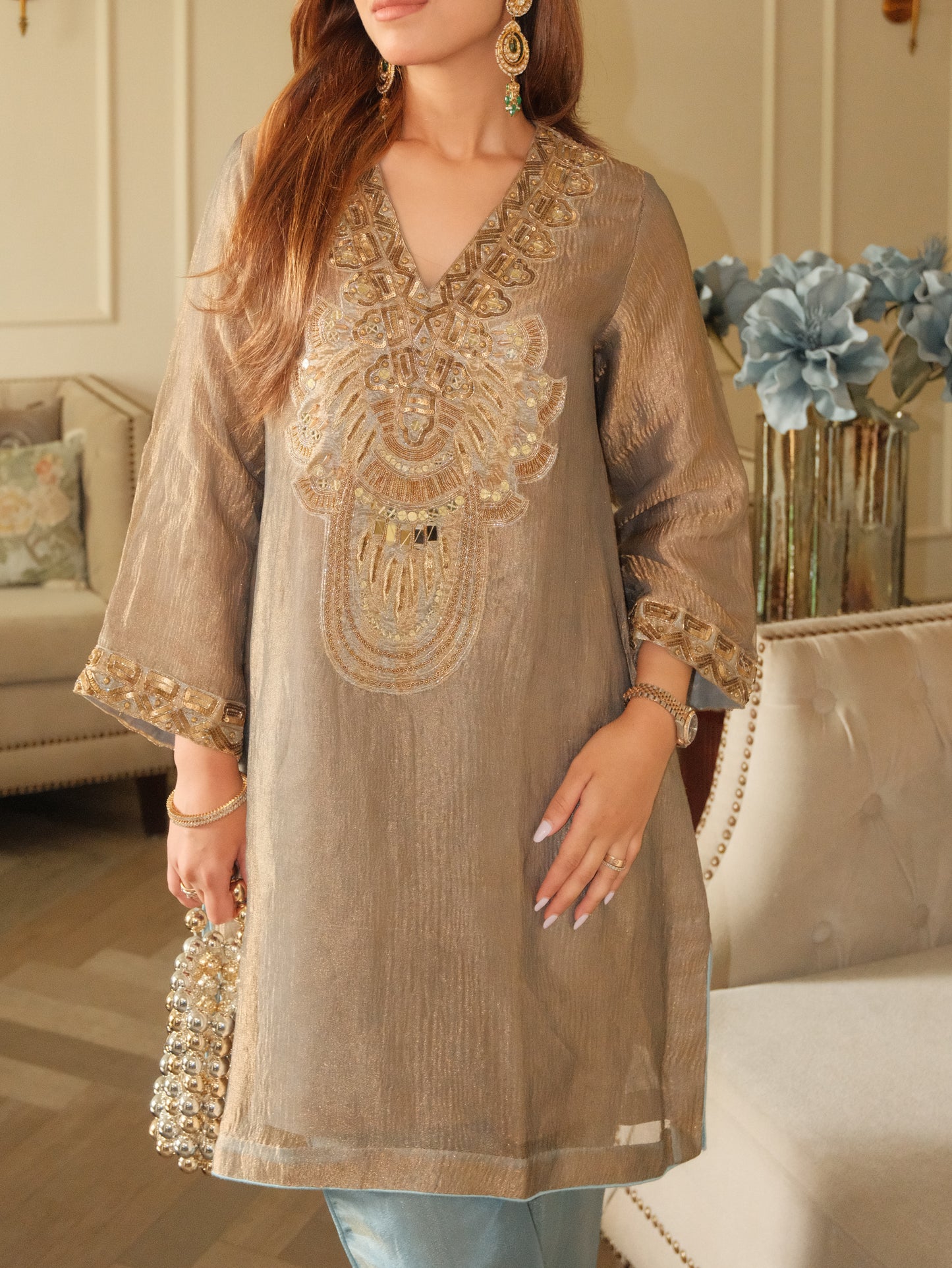 Olive-Gold Metallic Farshi Set