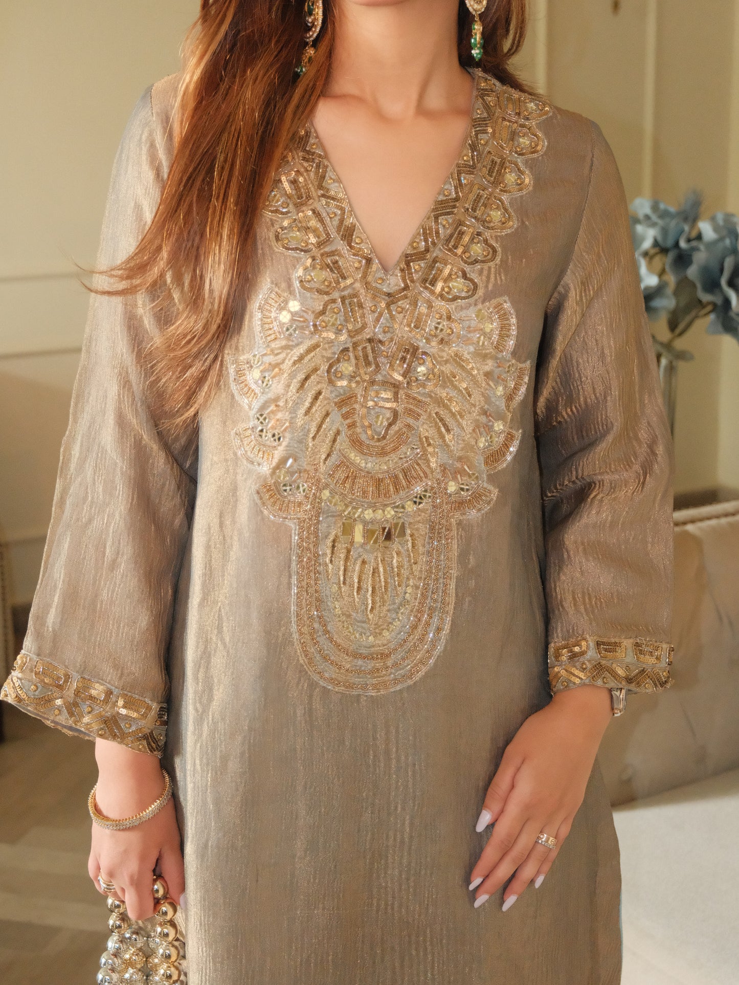 Olive-Gold Metallic Farshi Set