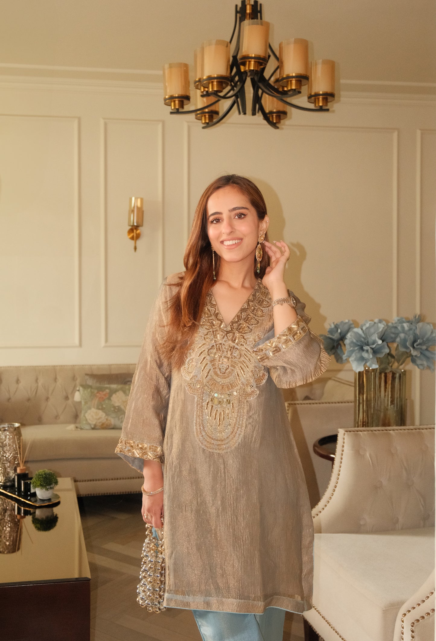 Olive-Gold Metallic Farshi Set