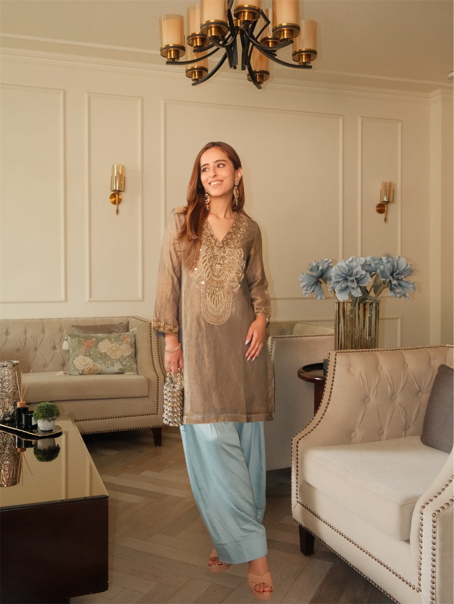 Olive-Gold Metallic Farshi Set