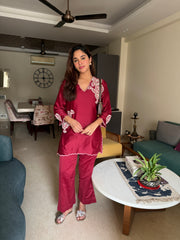 Wine Embroidered Co-ord Set