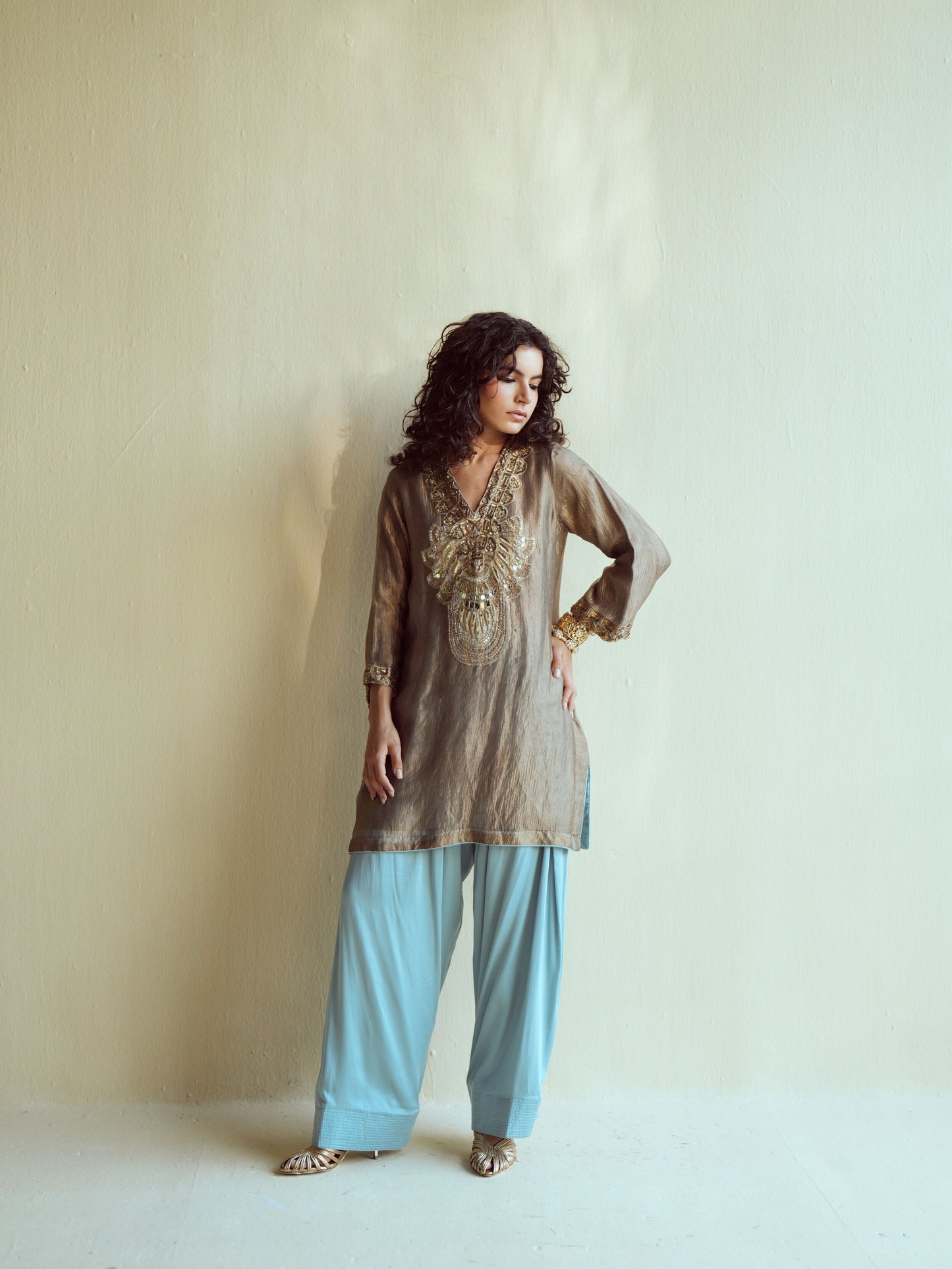 Olive-Gold Metallic Farshi Set