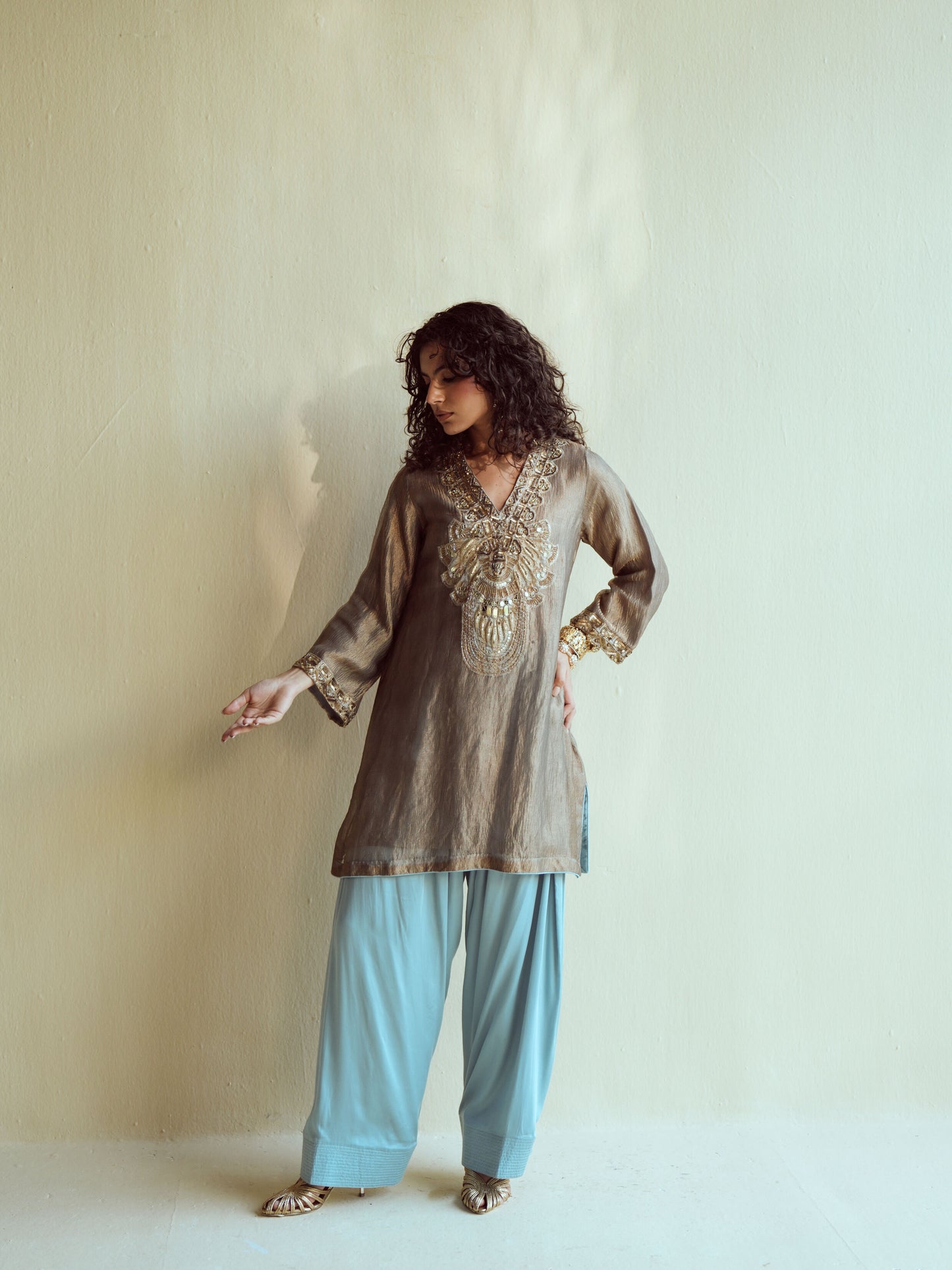 Olive-Gold Metallic Farshi Set