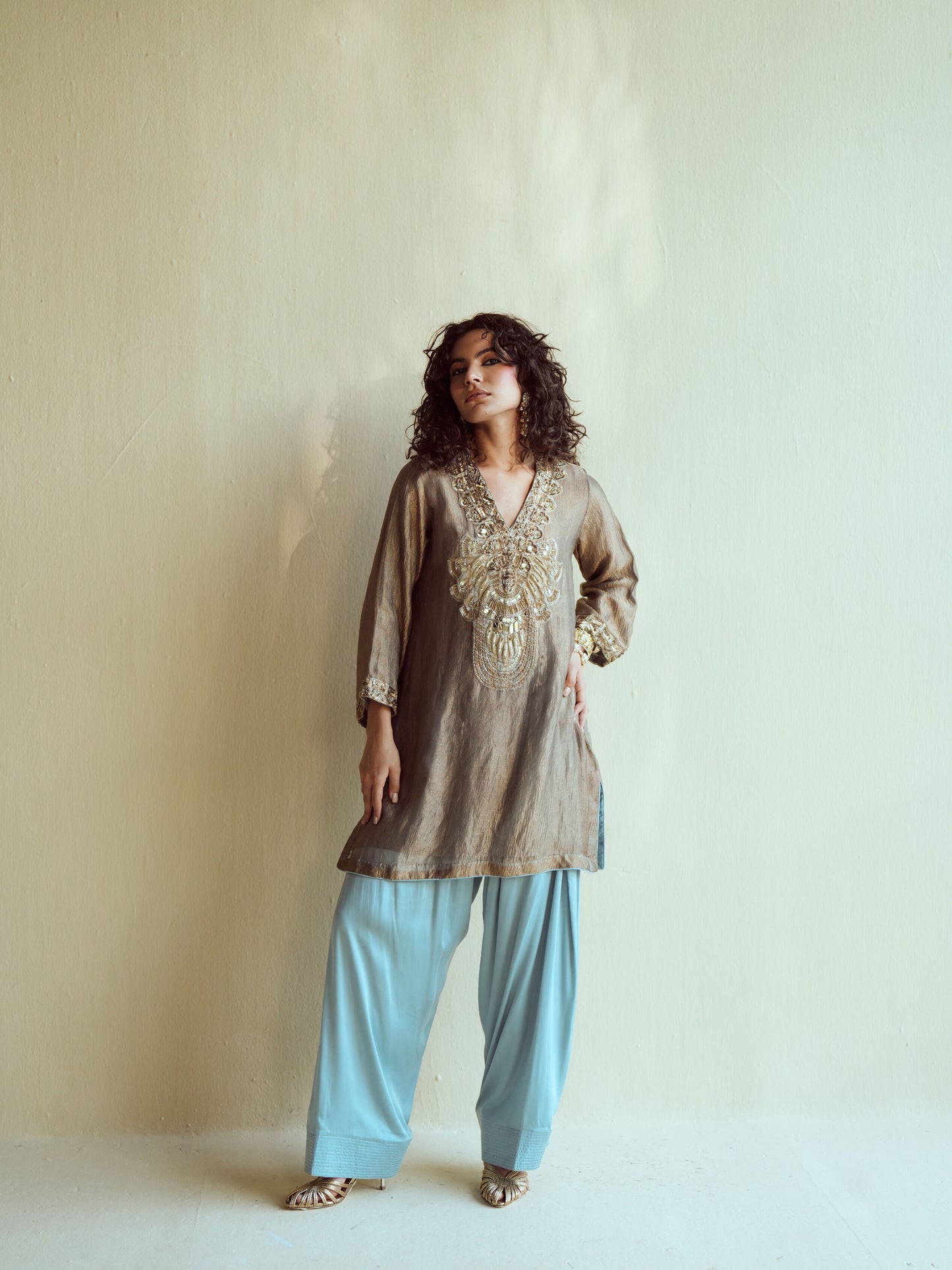 Olive-Gold Metallic Farshi Set