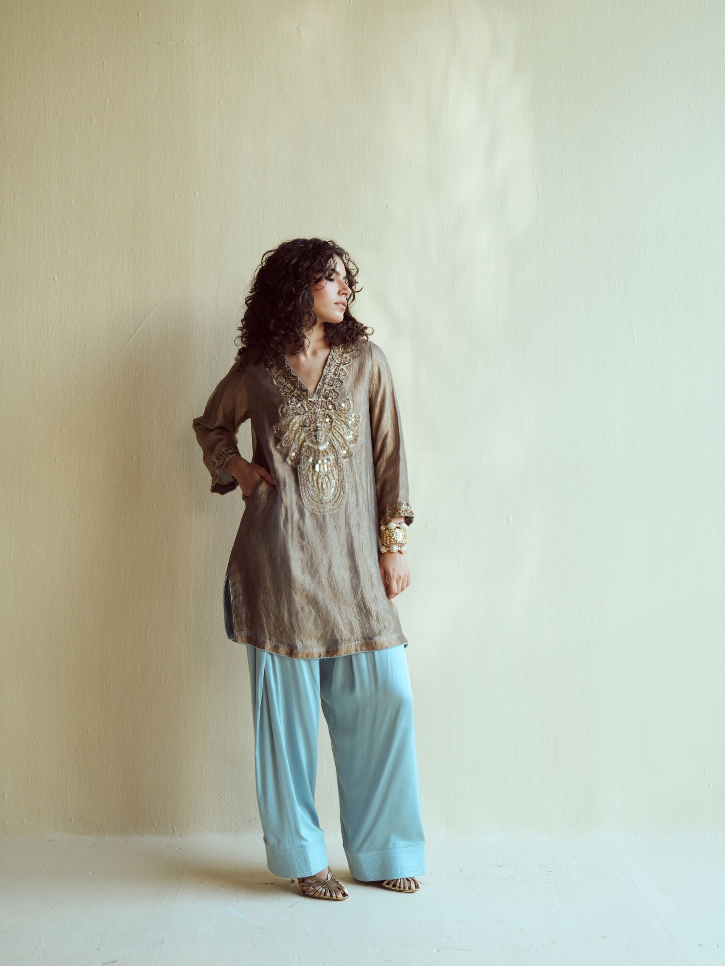 Olive-Gold Metallic Farshi Set