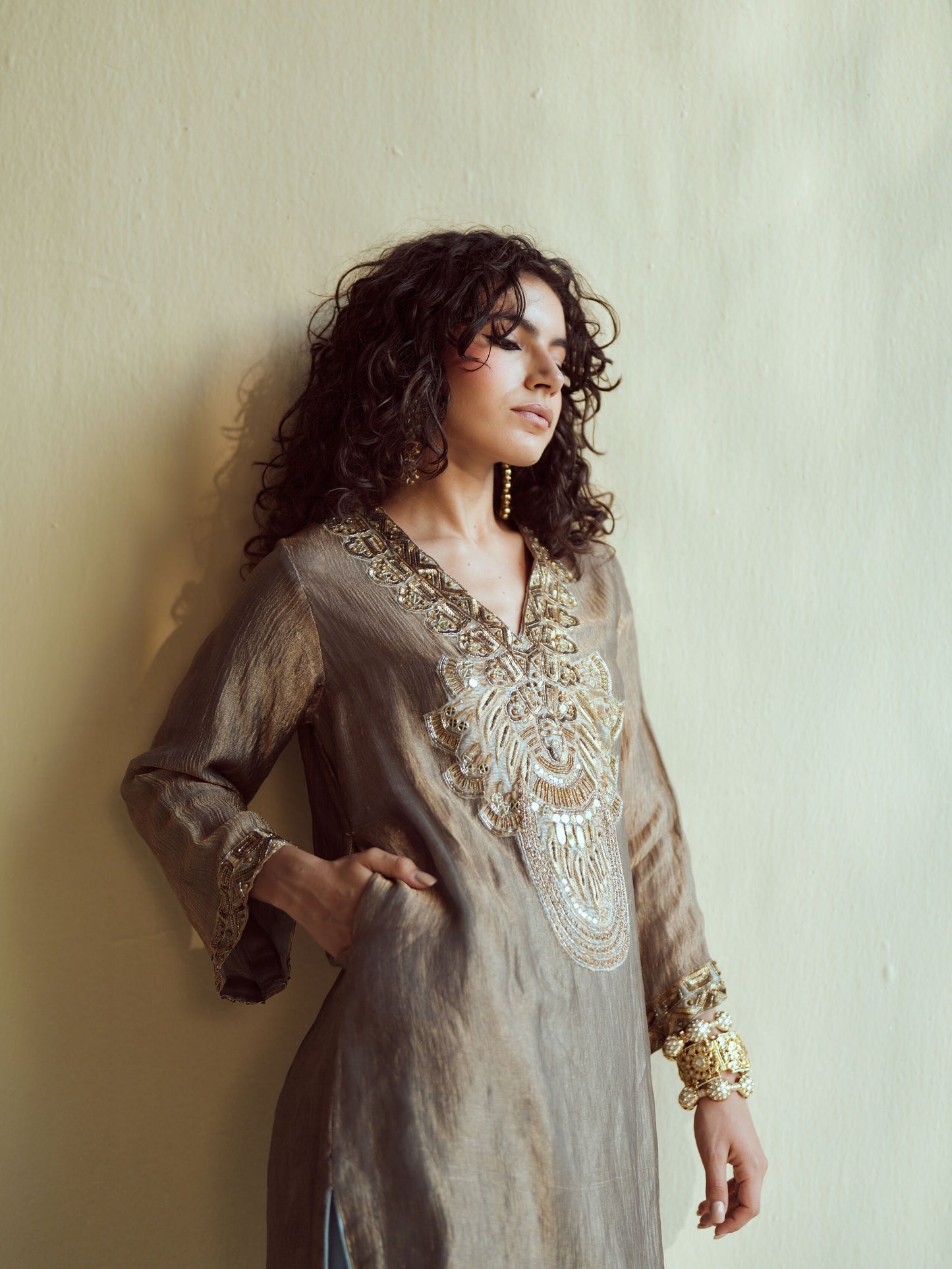 Olive-Gold Metallic Farshi Set