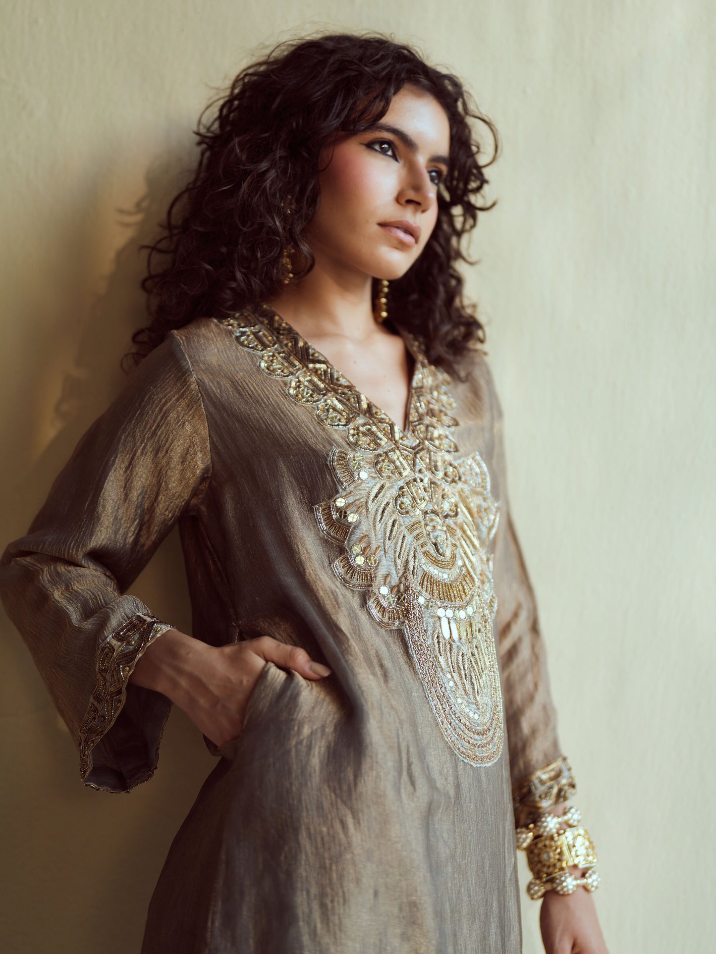 Olive-Gold Metallic Farshi Set