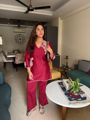 Wine Embroidered Co-ord Set