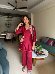 Wine Embroidered Co-ord Set