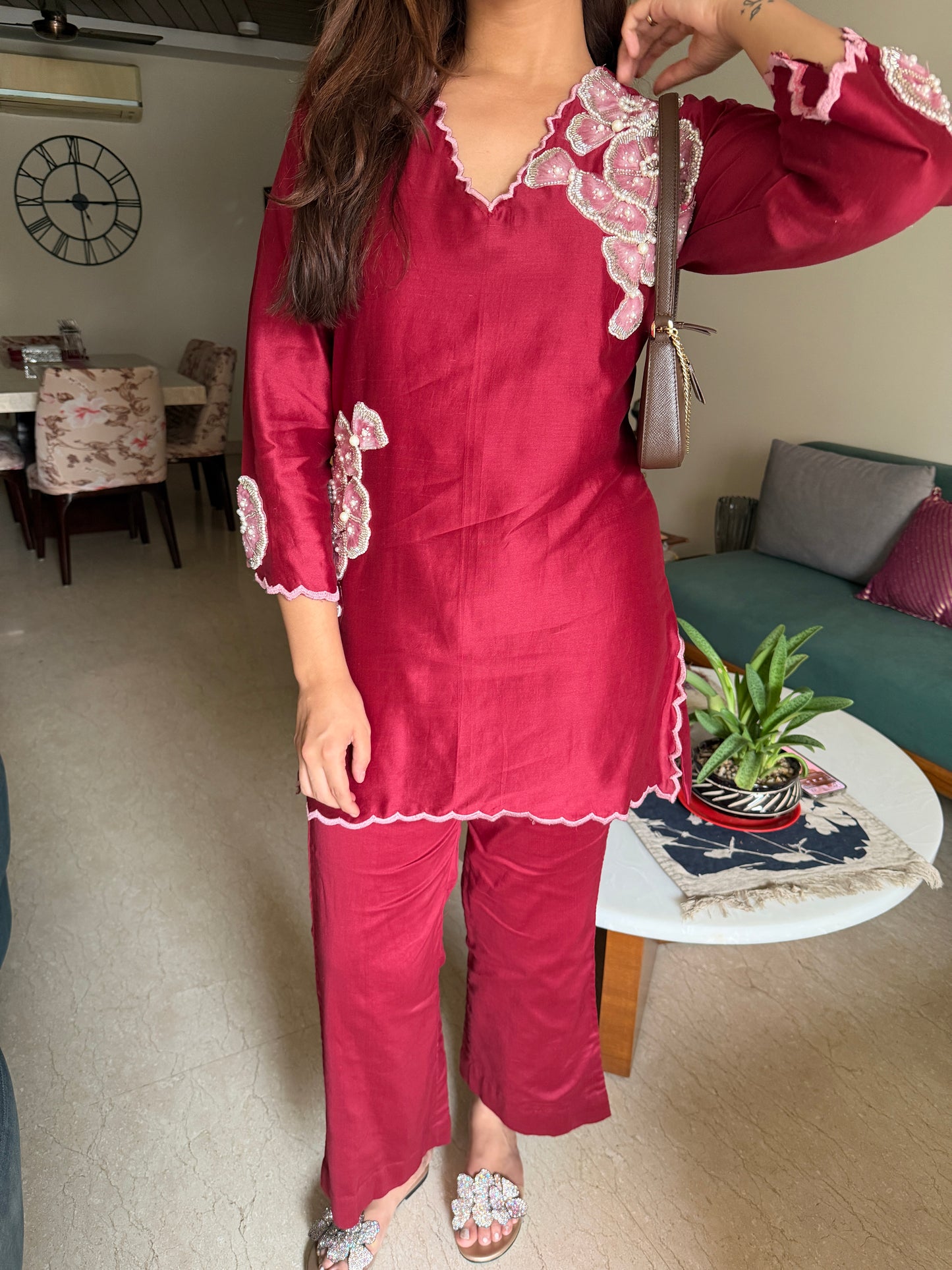 Wine Embroidered Co-ord Set