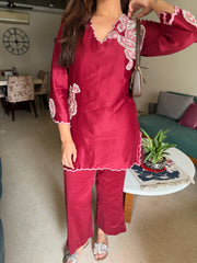 Wine Embroidered Co-ord Set