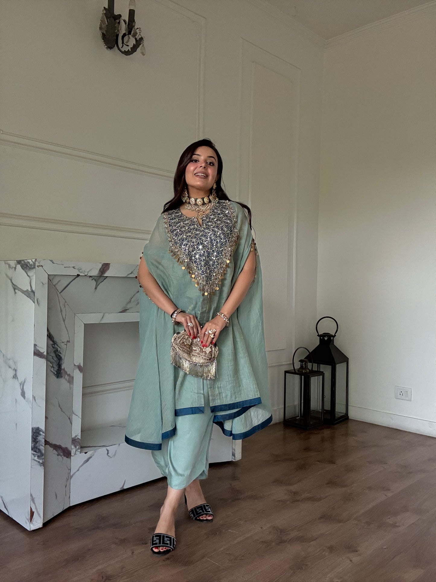 Mint Navy Kaftan Set