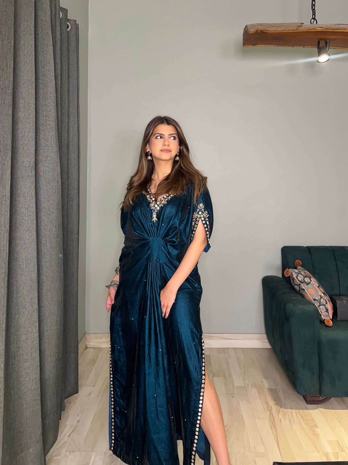 Dusty Teal Velvet Kaftan