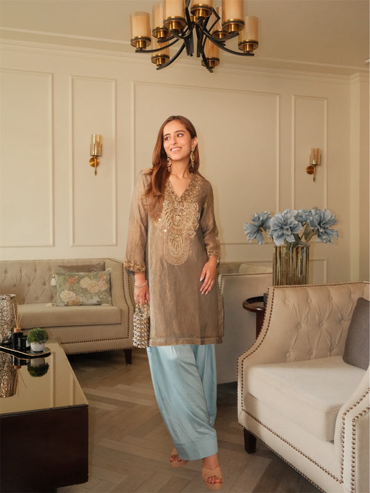 Olive-Gold Metallic Farshi Set